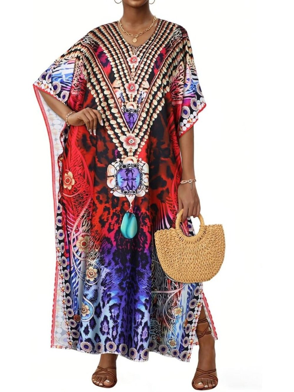 Women's Red Leopard Plus Size V Neck Caftan Long Batwing Sleeve Cover Up